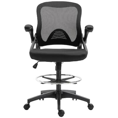 Black Drafting Office Chair with Lumbar Support, Flip-Up Armrests, Footrest Ring and Adjustable Seat Height