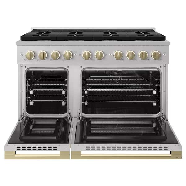 Autograph 48 in. 6.7 cu. ft. Marino Freestanding Gas Range with 8 Burners in Satin Stainless Steel and Bronze Accents