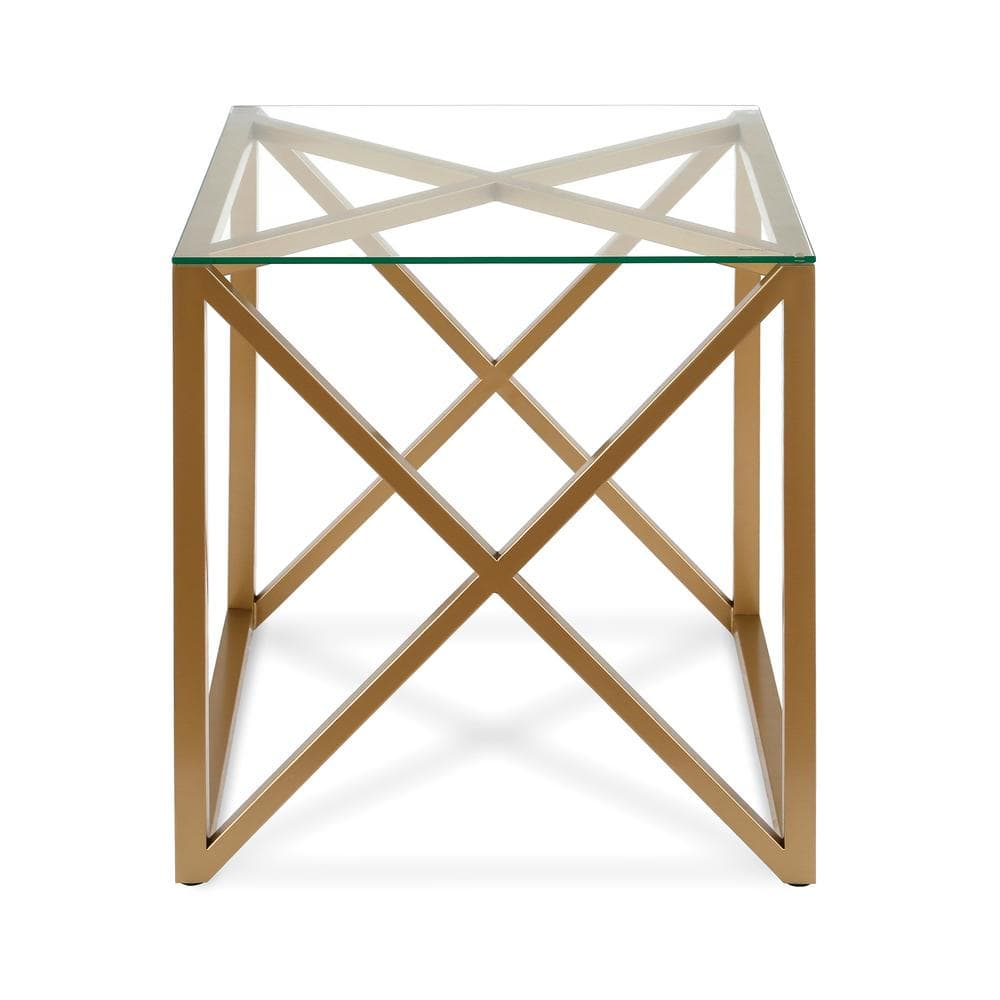 Gold Steel X-Base Square Glass Side Table