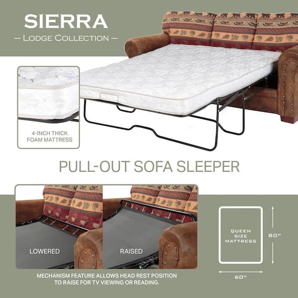 American Furniture Classics Sierra Lodge 88 in. Brown/Rust Microfiber 4-Seater Queen Sleeper Sofa Bed with Removable Cushions
