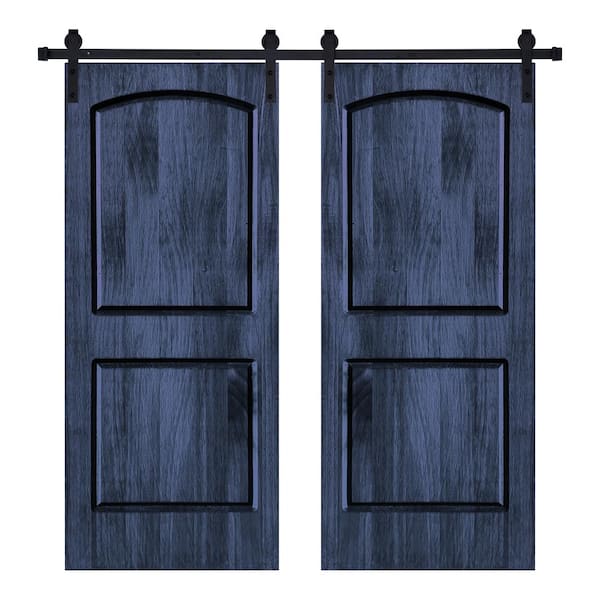 AIOPOP HOME Modern 2Panel-Roman Designed 72 in. x 96 in. Wood Panel Royal Navy Painted Double Sliding Barn Door with Hardware Kit