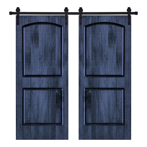 AIOPOP HOME Modern 2Panel-Roman Designed 84 in. x 80 in. Wood Panel Royal Navy Painted Double Sliding Barn Door with Hardware Kit