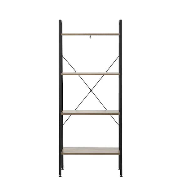 LuxenHome 58.3 in. Black/Beige Metal 4-shelf Ladder Bookcase with Open Back