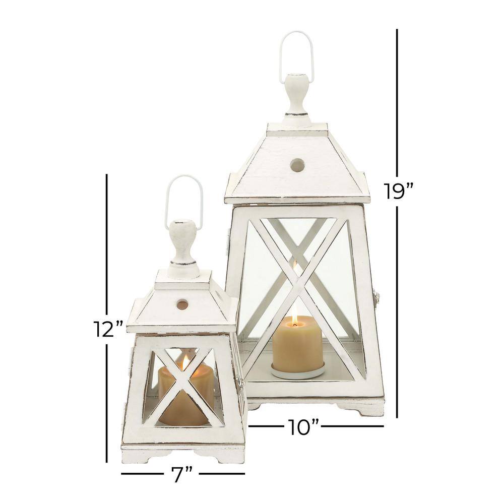 Set of 2 White Wood and Glass Hanging Candle Lanterns