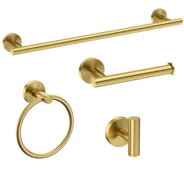4-Piece Bathroom Hardware Set with 24 in. Towel Bar Wall Mounted Bathroom Accessories in Brushed Gold for Bathroom Decor