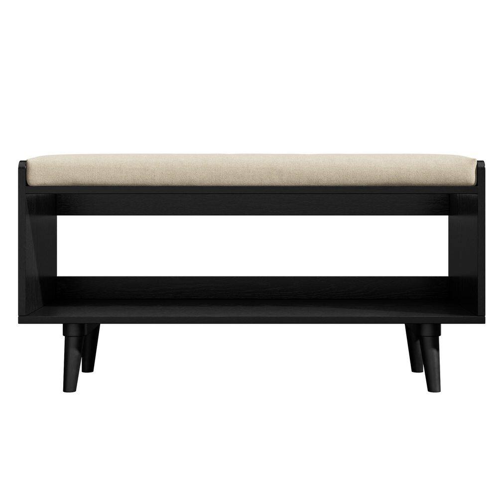 35.43 in. Width Thick Panel Solid Wood Entryway Shoe Bench with Storage in Black