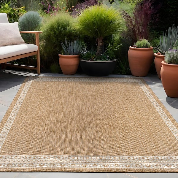 Frame Natural 8 ft. x 10 ft. Geometric Bordered Washable Indoor Outdoor Area Rug