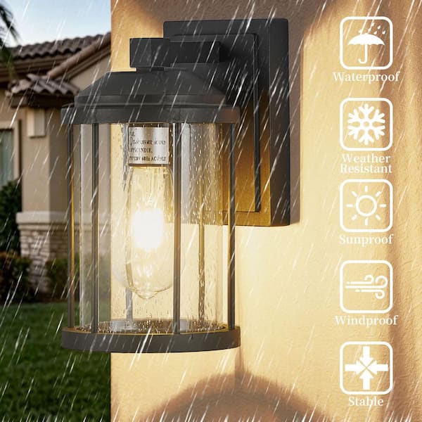 1-Light Matte Black Modern Cylinder Outdoor Wall Sconce with Weather Resistant Clear Glass Shade, 2-Pack