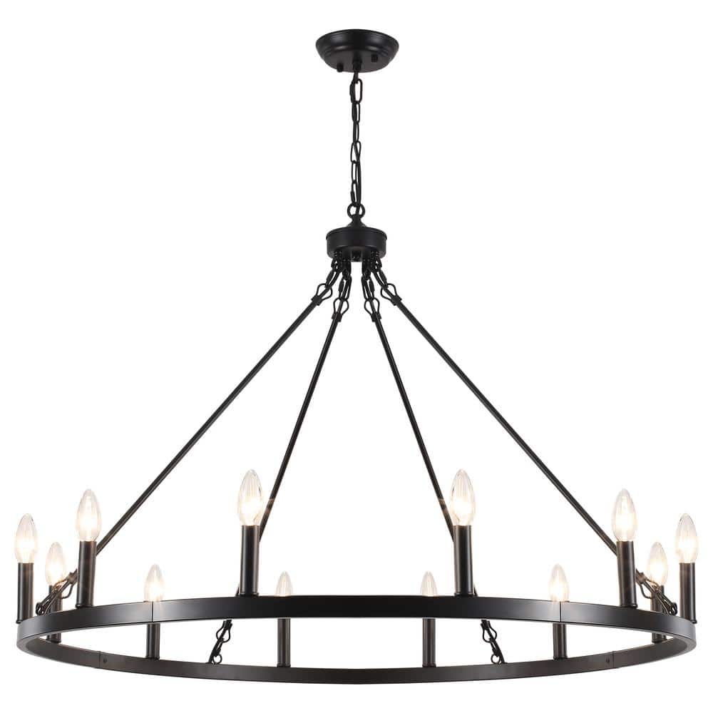 Matte Black 12-Light Candle Wagon Wheel Chandelier