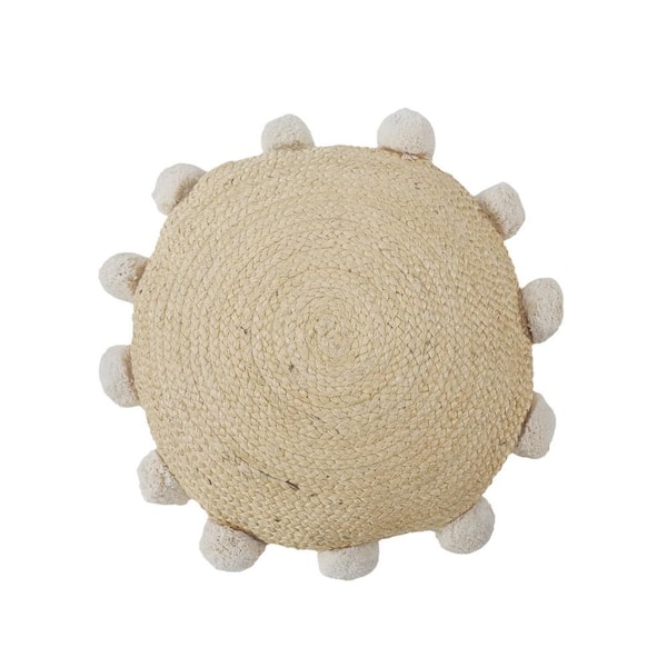 Unbranded Rustic Natural Braided Pom Pom Jute Durable Poly-Fill 20 in. x 20 in. Round Indoor Throw Pillow