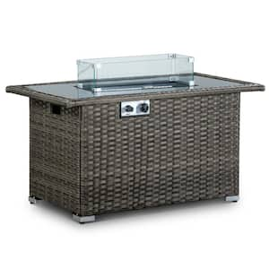 Gray 44 in. 50000 BTU Rectangular Propane Outdoor Fire Pit Table with Glass Wind Guard Lid Fire Glass Beads