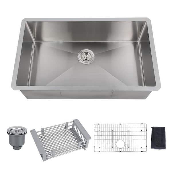 30 in. Drop-in/Undermount Single Bowl 16 Gauge Gunmetal Brushed Nickel Stainless Steel Kitchen Sink with Bottom Grids