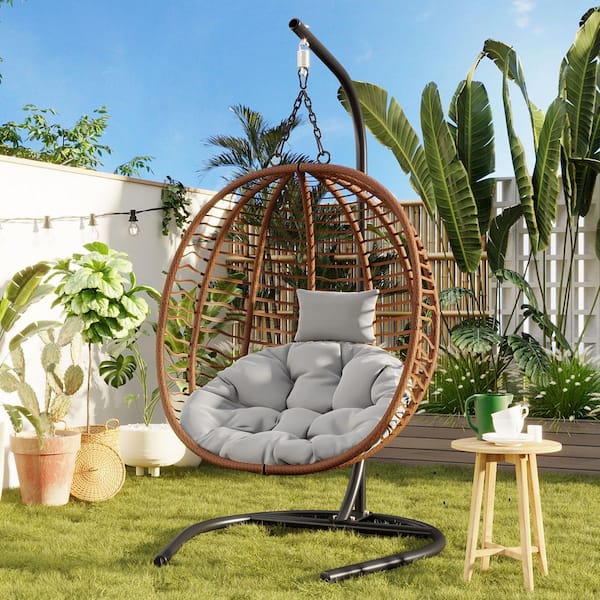 1-Person Outdoor Brown Foldable Swing Egg Chair with Gray Cushion, Pillow Cover Adjustable Metal