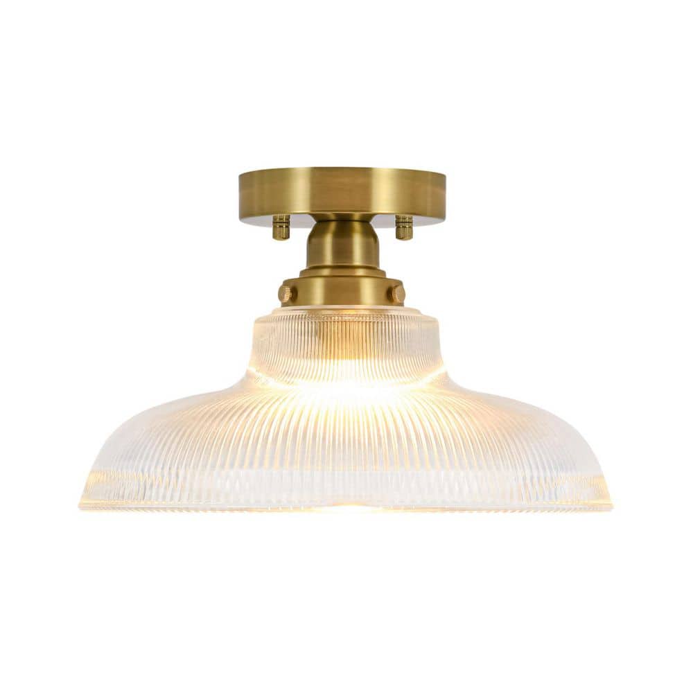 12 in. 1-Light Modern Traditional Vintage Brass Semi-Flush Mount with Clear Ribbed Glass Shade for Hallway Kitchen price history on PriceWatchPro