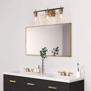 24 in 3-Light Transitional Bathroom Vanity Light Black and Brass Powder Room Wall Sconce Light with Seeded Glass Shades