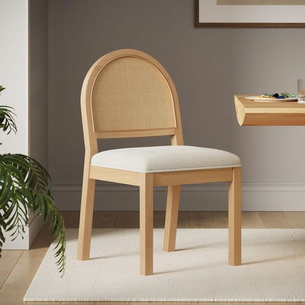 Nathan James Bailey 19 in. Boucle Upholstered Side Dining Chair w/ Rattan Back and Solid Wood Legs, Cream Boucle/Warm Pine