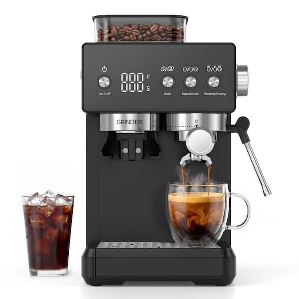 2-Cup Black Stainless Steel Semi-Automatic Espresso Machine with Built-In Grinder, 20-Bar Extraction, NTC Temp Control