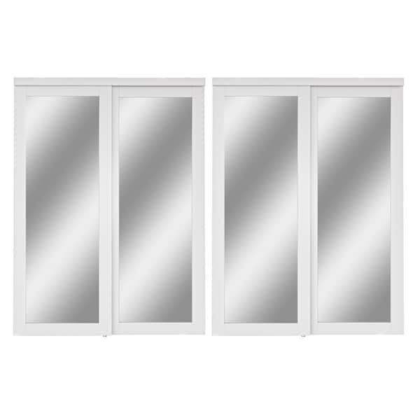 120 in. x 96 in. Solid Core 1-Lite Mirror White Primed MDF Interior Closet Sliding Door with Hardware and Black Handle