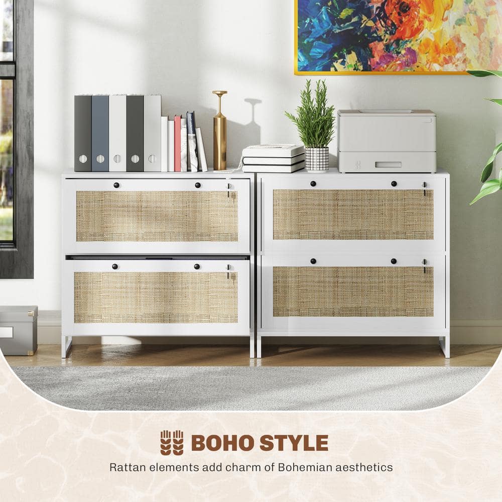 White and Rattan 2-Drawer Lockable Vertical File Cabinet