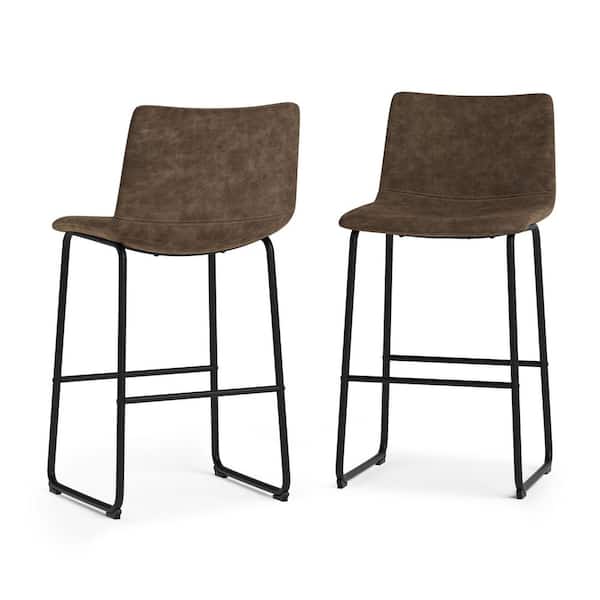Simpli Home Warner 39.4 in Height Bar Stool (Set of 2) in Distressed Brown Faux Leather