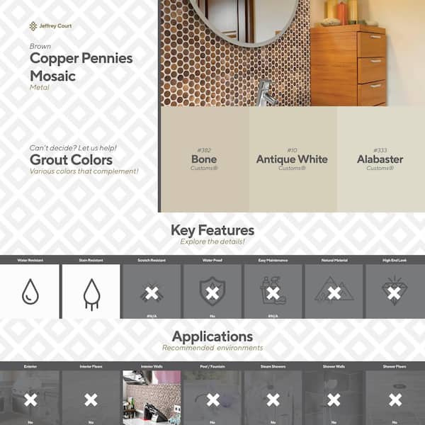 Jeffrey Court - Copper Pennies Brown 11.875 in. x 11.625 in. Penny Round Brushed Metal Mosaic Tile (9.587 sq. ft./Case)