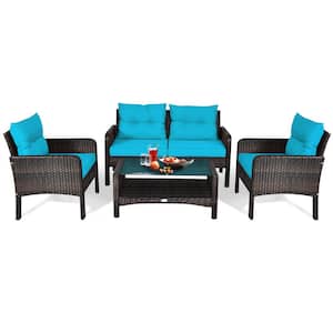 4-Piece Wicker Patio Conversation Set Rattan Loveseat Sofa Coffee Table and Glass Top with Turquoise Cushions