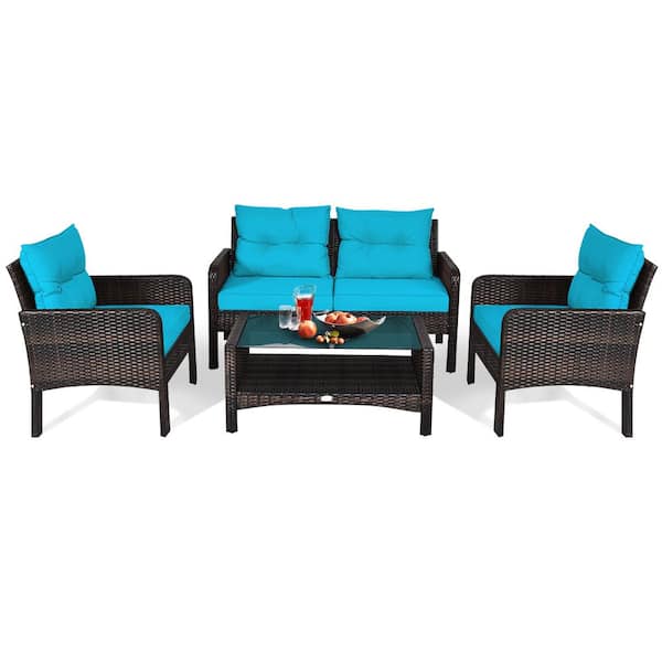 HONEY JOY 4-Piece Wicker Patio Conversation Set Rattan Loveseat Sofa Coffee Table and Glass Top with Turquoise Cushions