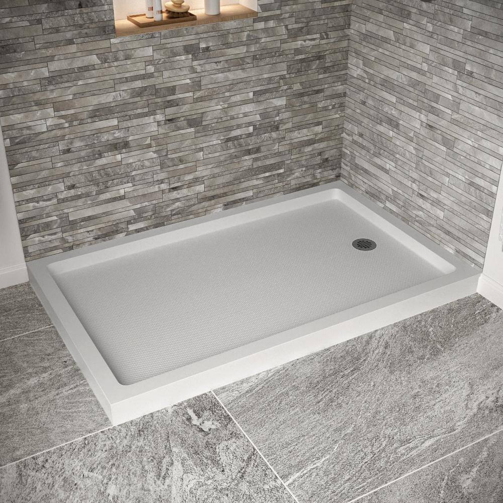 Glossy White Rectangular Acrylic Shower Base with Round Drain