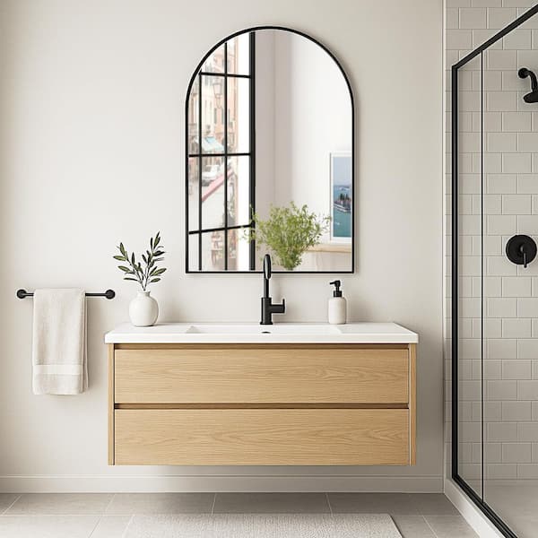 30 in. W x 48 in. H Modern Arched Metal Framed Wall Mounted Bathroom Vanity Mirror in Black