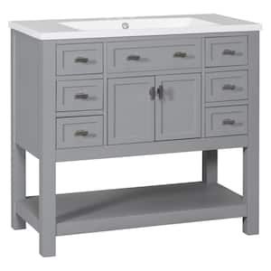 36 in. W x 18 in. D x 34 in. H Single Sink Freestanding Bath Vanity in Gray with White Resin Top