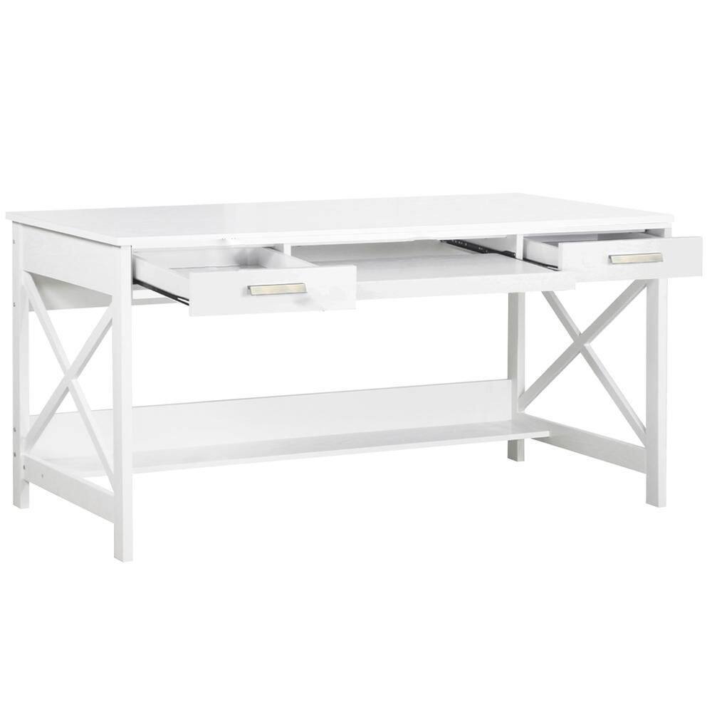 White Birch Wood Writing Desk with Keyboard Tray and Drawers