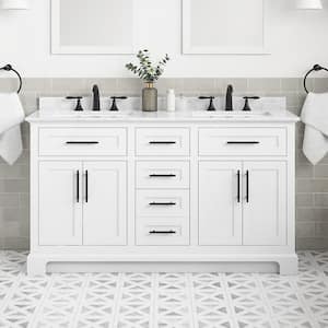 Doveton 60 in. Double Sink Freestanding White Bath Vanity with White Engineered Marble Top (Assembled)
