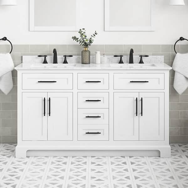 Doveton 60 in. Double Sink Freestanding White Bath Vanity with White Engineered Marble Top (Assembled)