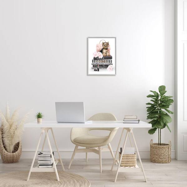 Stupell Industries Adorable Puppy Sitting on Glam Fashion Books Gray Framed Giclee, 16 x 20