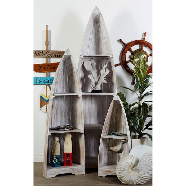 Litton Lane 6 Shelves Wood Stationary White Boat Slatted Wood Shelving Unit (Set of 3)
