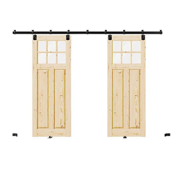 60 in. x 80 in. 6 Lite, Clear Glass, Solid Pine Wood, Light Brown Primed Exterior Sliding Barn Door with Hardware Kit