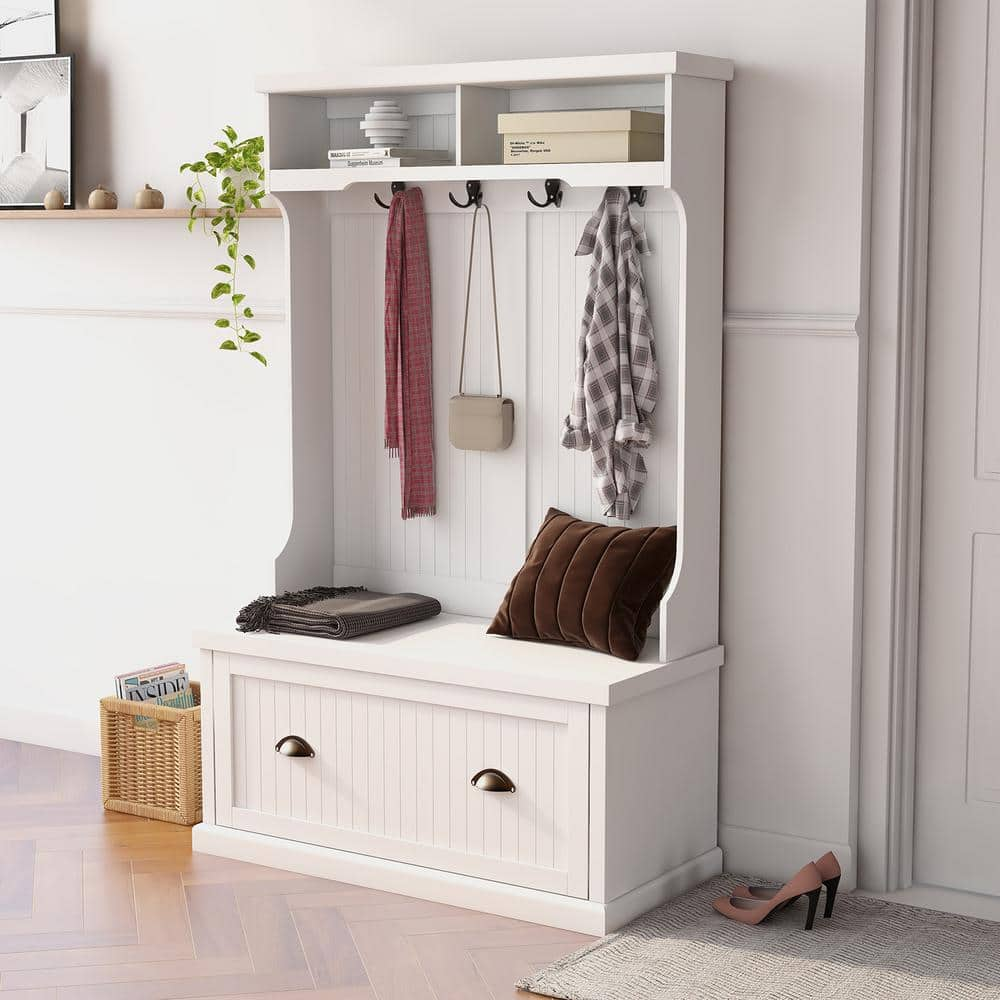 Qualler White Entryway Hall Tree with 4-Hooks and Storage Bench ...