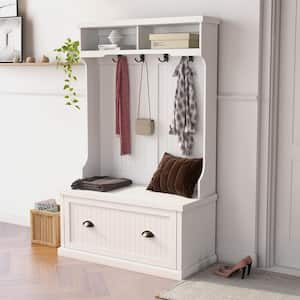 White Entryway Hall Tree with 4-Hooks and Storage Bench