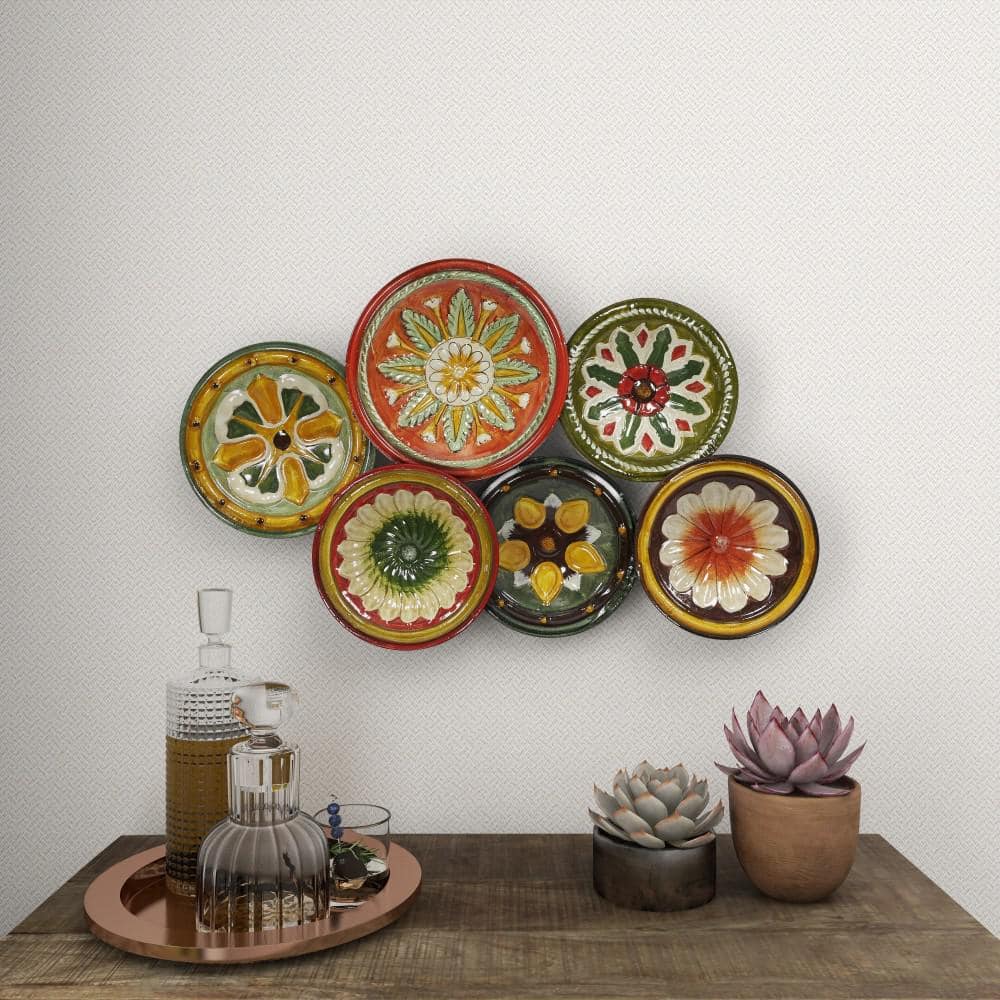 Rustic Floral Metal Wall Sculpture with Multi-Colored Plates, 31"W x 19"H