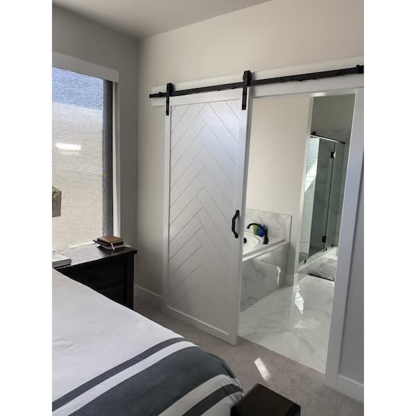 42 in. x 84 in. Herringbone White Alder Wood Interior Barn Door Slab with Sliding Door Hardware Kit