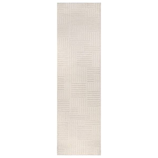 Basket Weave Power Loomed Soft Shag High-Low Indoor 2 ft. x 12 ft. White Area Rug