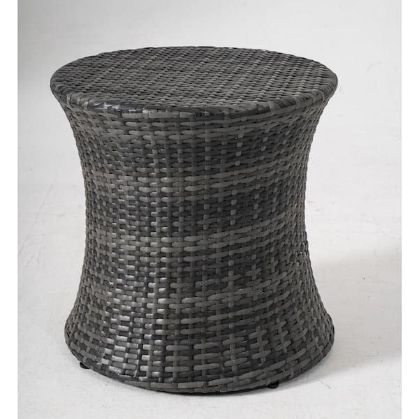Round Faux Rattan Outdoor Patio Accent Table, Gray