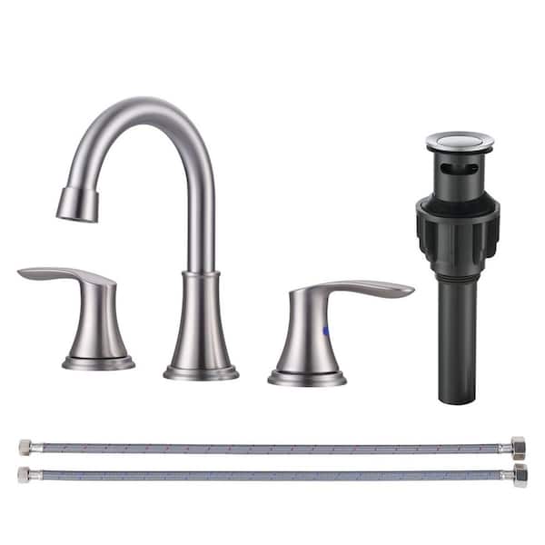 8 in. Widespread Double Handle Bathroom Faucet with Drain Kit Included and Supply Line in Brushed Nickel