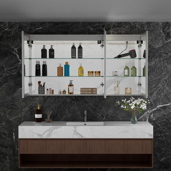 60 in. W x 32 in. H Rectangular Aluminum Medicine Cabinet with Mirror, Dimmable Light, Anti-Fog, Adjustable Shelves