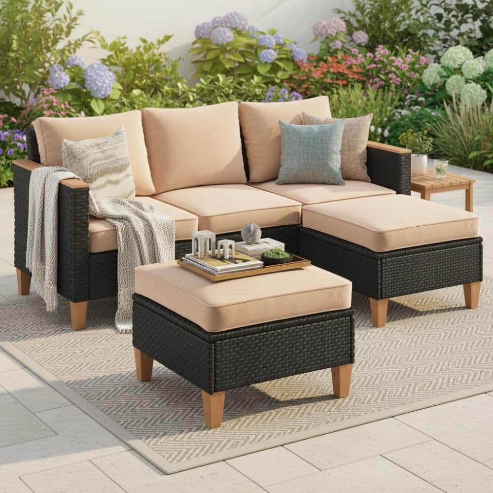 5-Piece Gray Wicker Outdoor Sectional Set with Khaki Cushions for Garden and Patio price history on PriceWatchPro