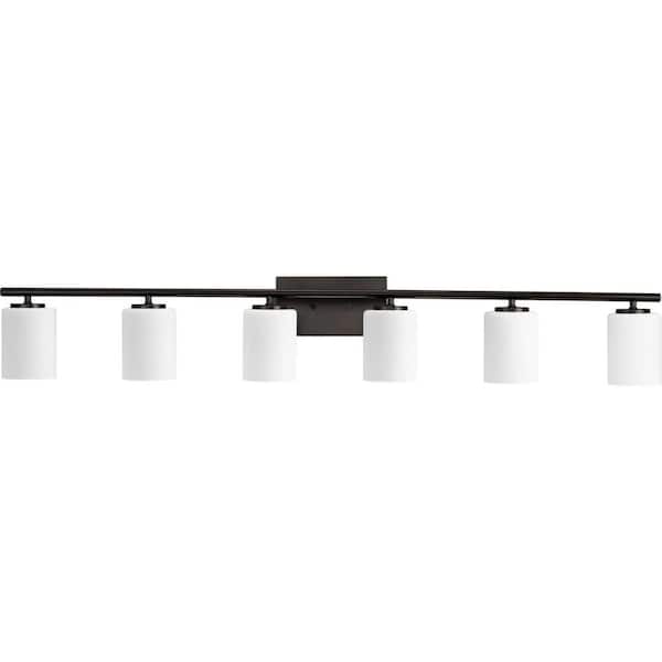 Progress Lighting Replay Collection 48 in. 6-Light Antique Bronze Vanity Light with Etched White Glass Shades Modern Bath