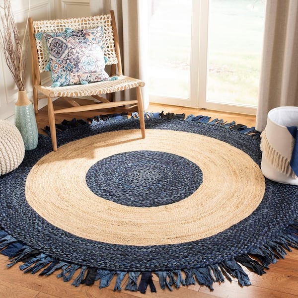 Cape Cod Navy/Natural 5 ft. x 5 ft. Round Striped Area Rug