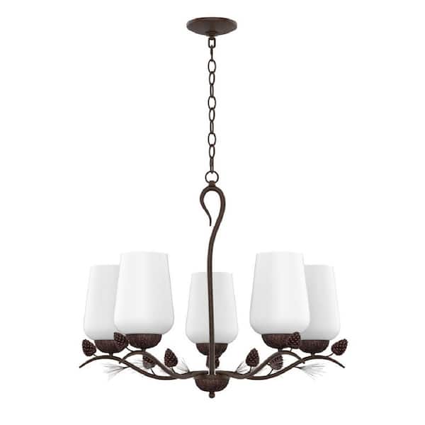 Hampton Bay Spruce Lodge 5-Light Handmade Finish Pinecone Chandelier with Frosted Glass Shade