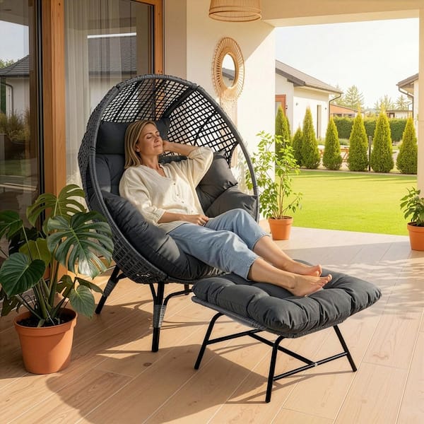 PE Wicker Indoor/Outdoor Lounge Egg Chair with Dark Gray Cushion and Ottoman for Patio Porch Balcony