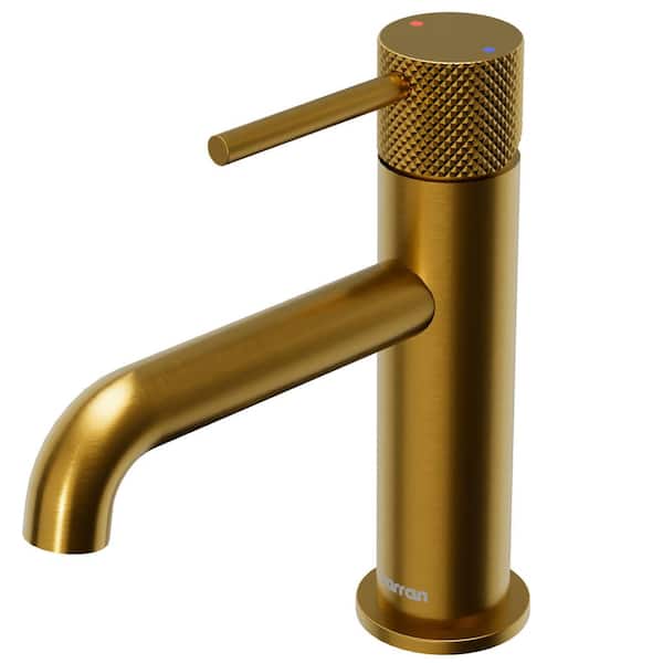 Tryst Single-Handle Single-Hole Basin Bathroom Faucet with Matching Pop-Up Drain in Gold